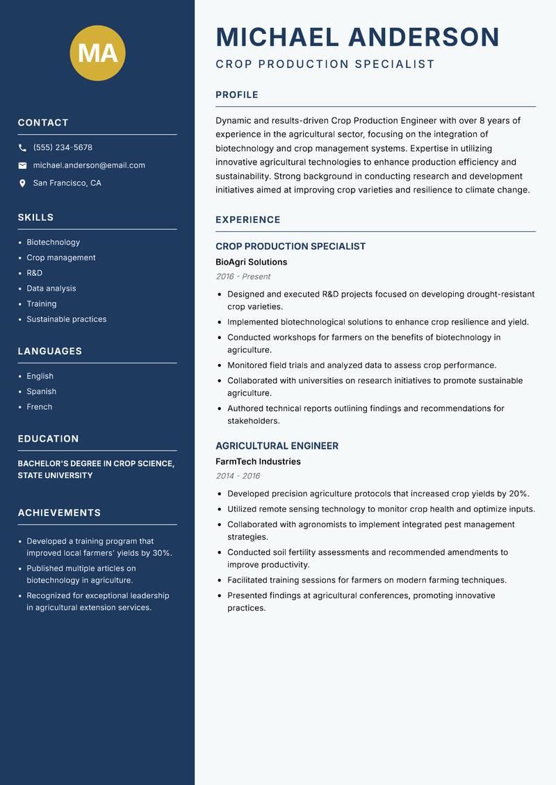 Crop Production Engineer resume sample — Crop Production Specialist focus