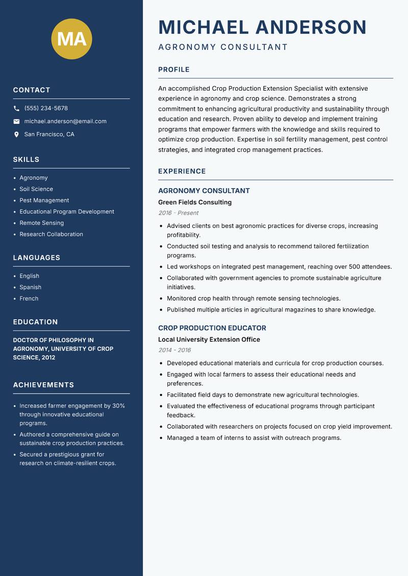 Crop Production Extension Specialist resume sample — Agronomy Consultant focus