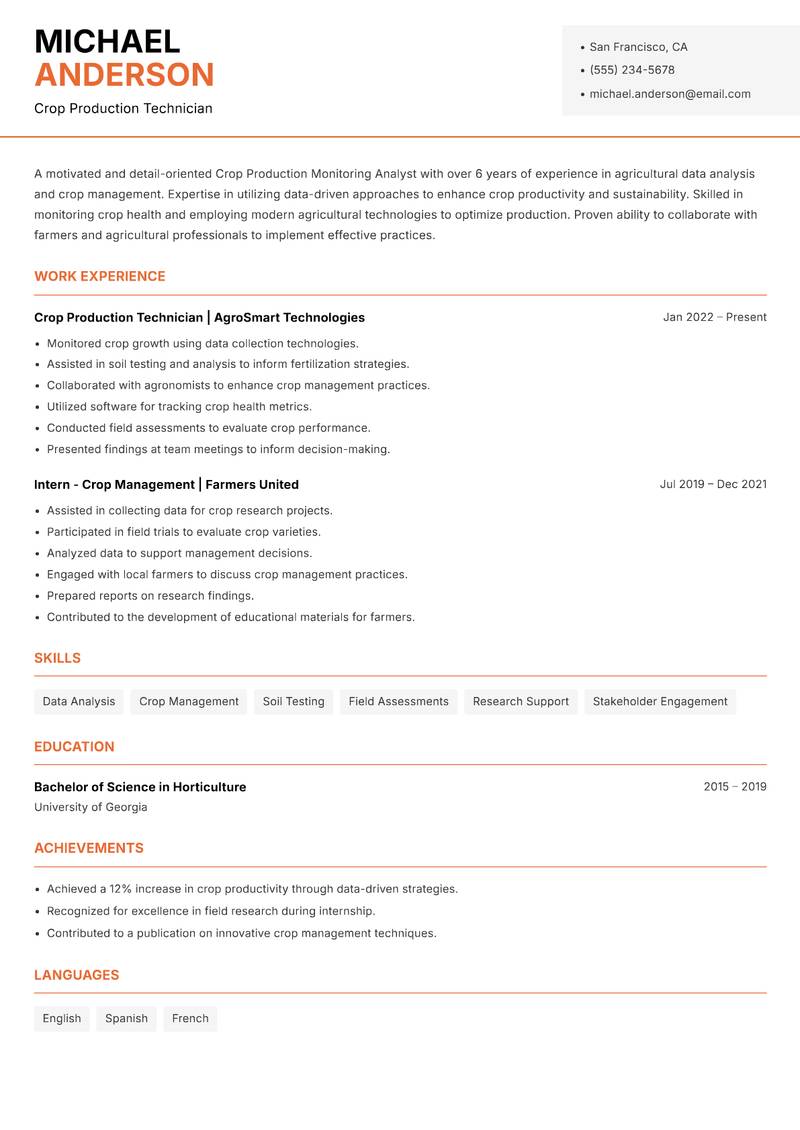 Crop Production Monitoring Analyst resume sample — Crop Production Technician focus
