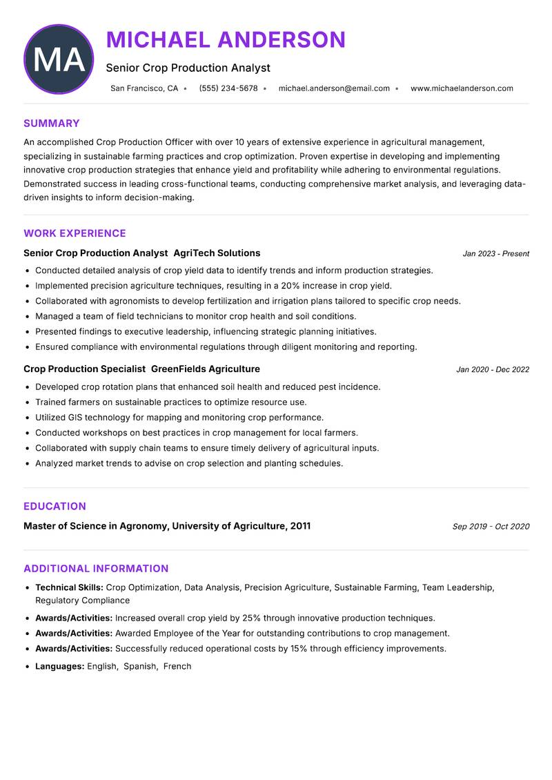 Crop Production Officer resume example