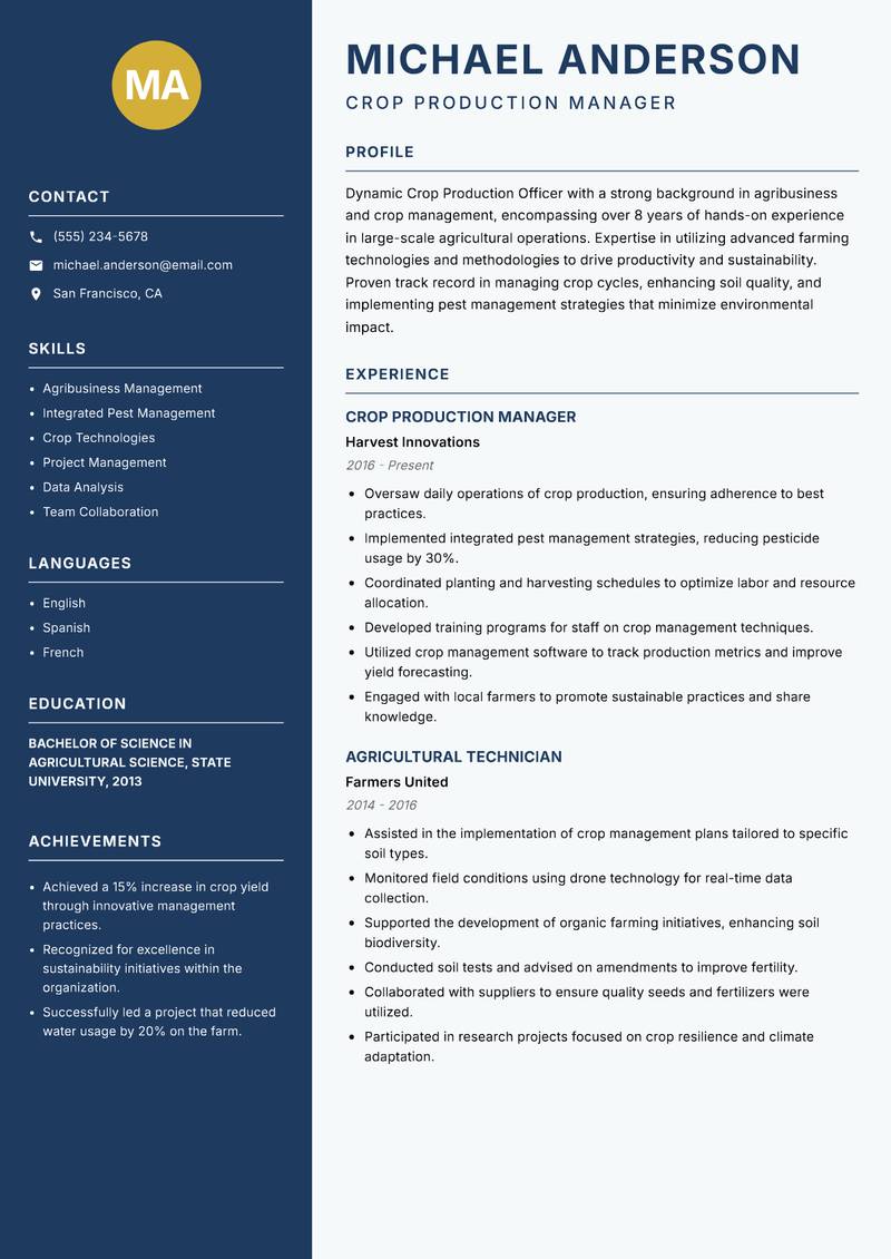 Crop Production Officer resume sample — Crop Production Manager focus