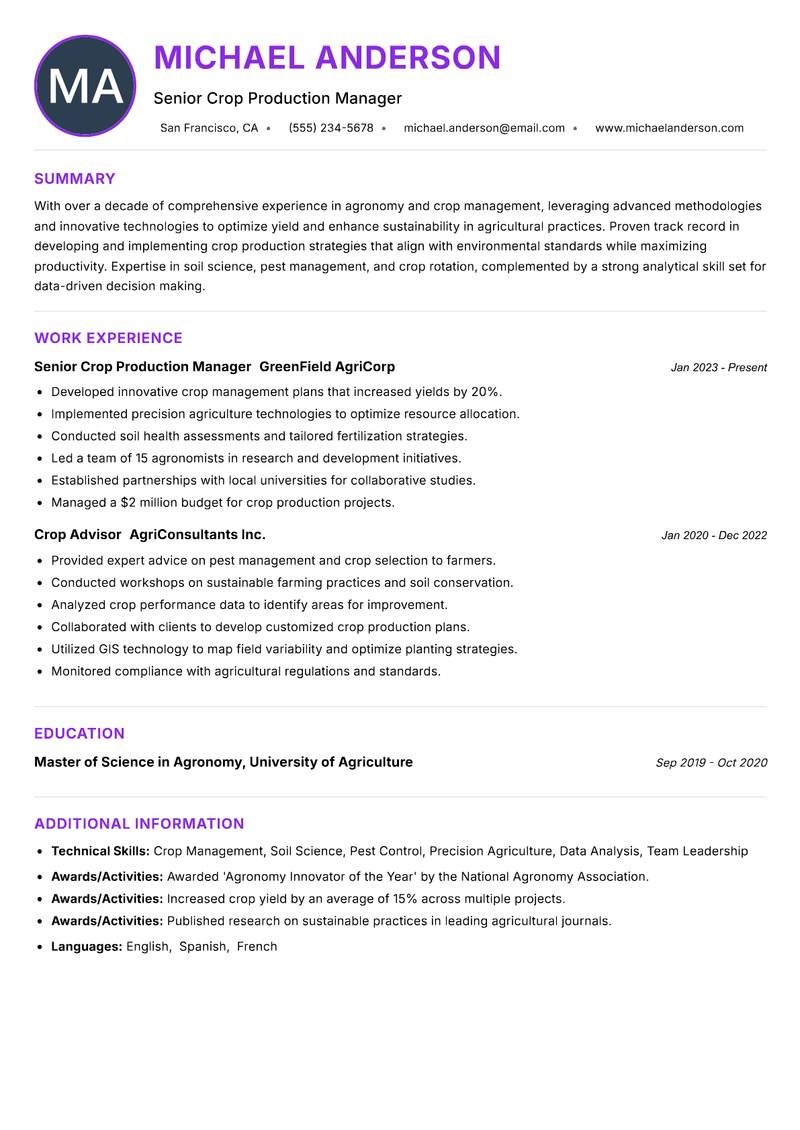 Crop Production Specialist resume example