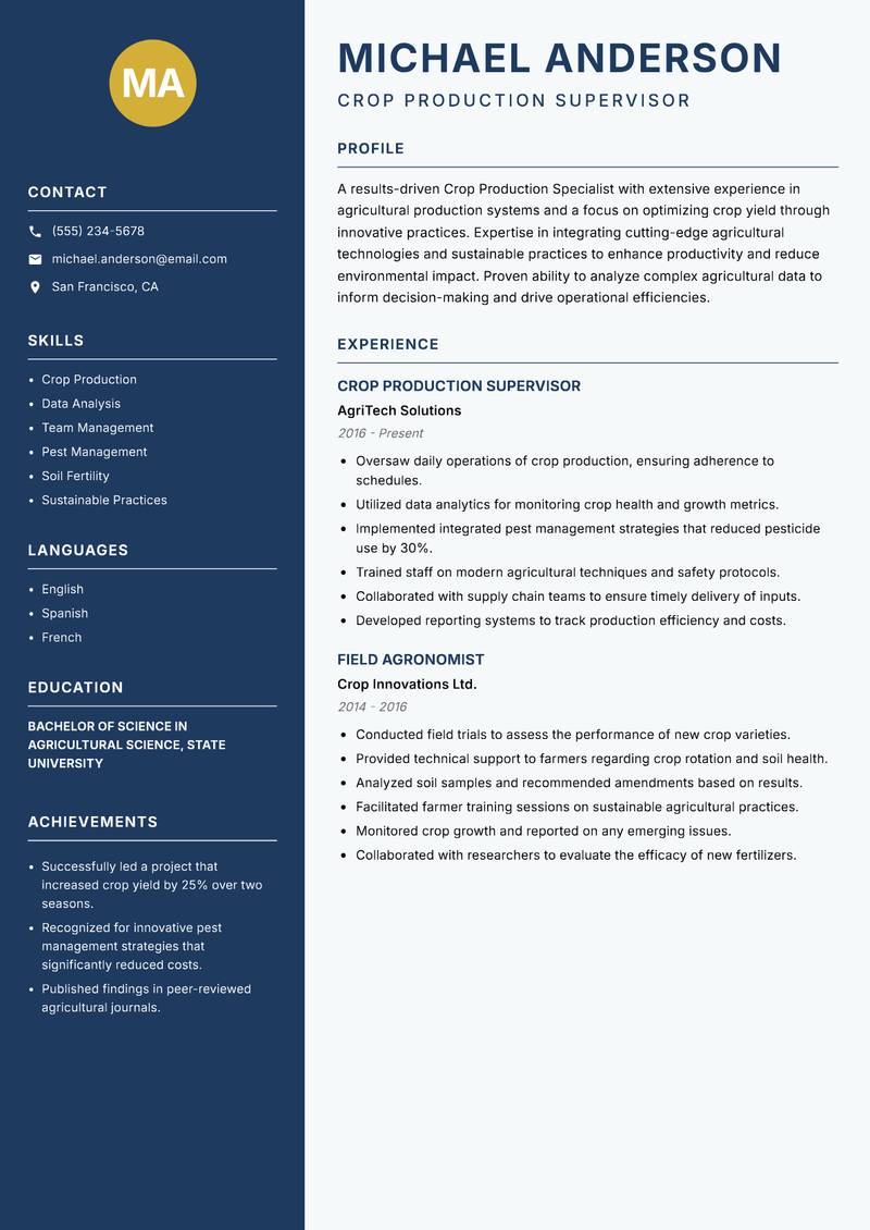 Crop Production Specialist resume sample — Crop Production Supervisor focus