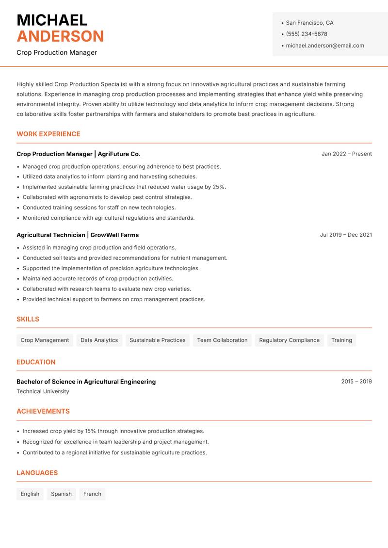 Crop Production Specialist resume sample — Crop Production Manager focus