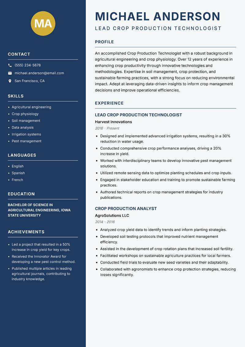 Crop Production Technologist resume sample — Lead Crop Production Technologist focus
