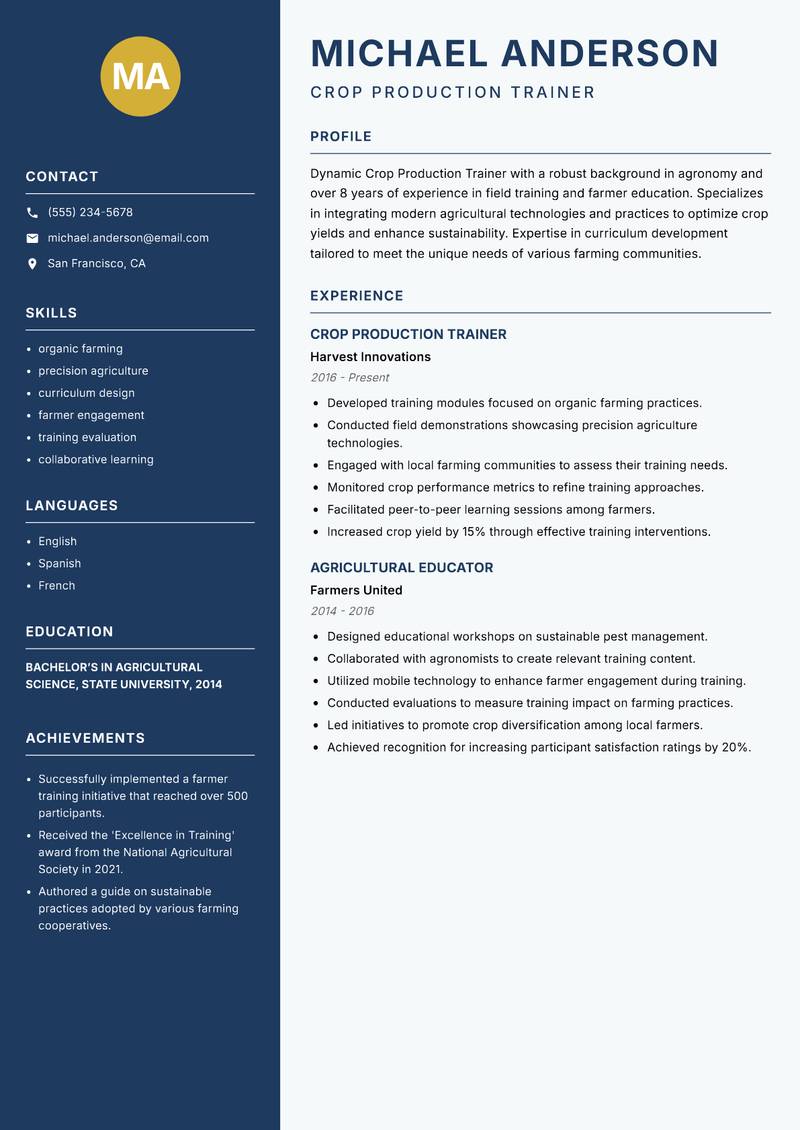 Crop Production Trainer resume sample — Crop Production Trainer focus