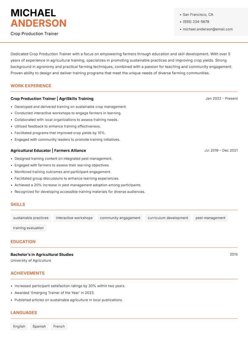 Crop Production Trainer resume sample — Crop Production Trainer focus