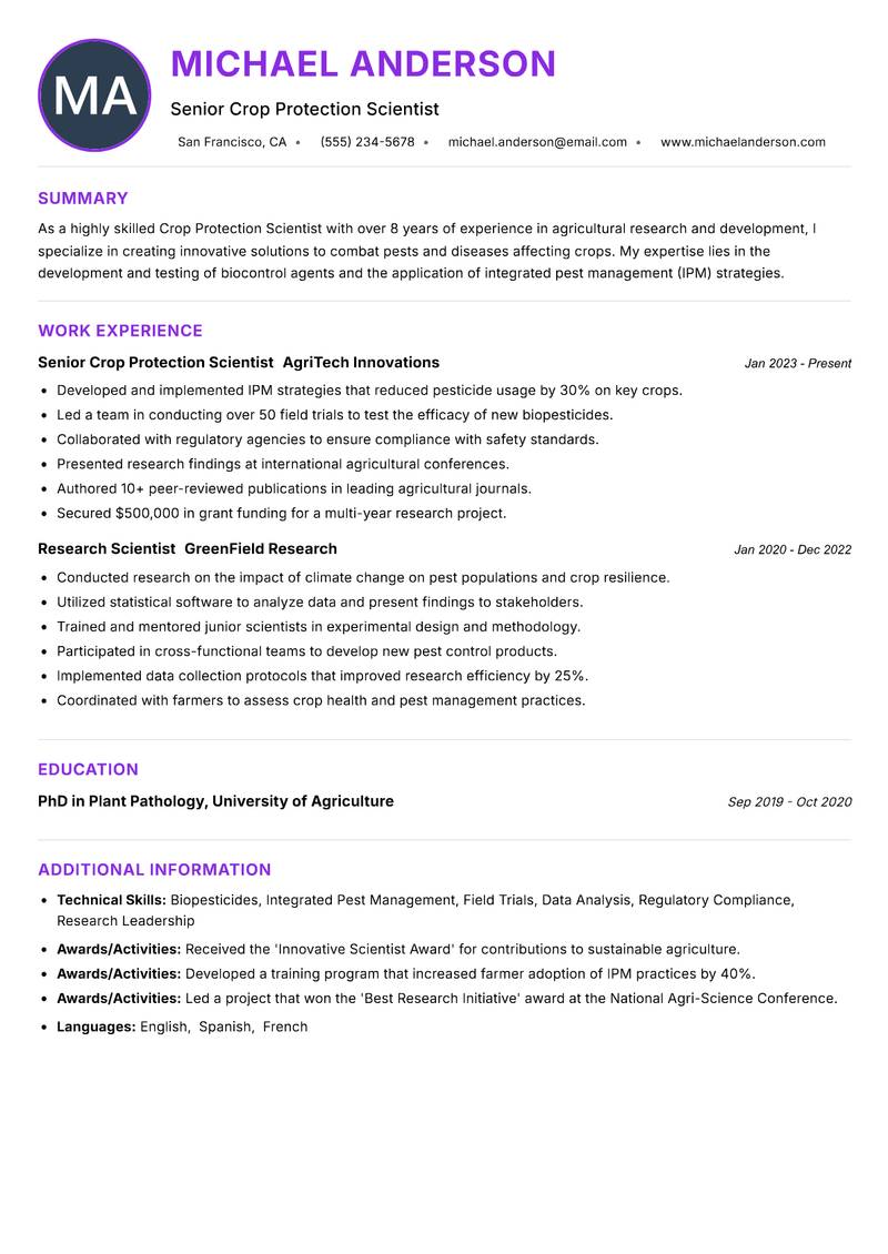Crop Protection Scientist resume example