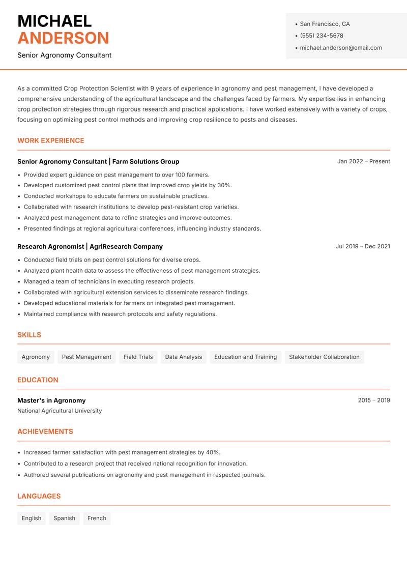 Crop Protection Scientist resume sample — Senior Agronomy Consultant focus