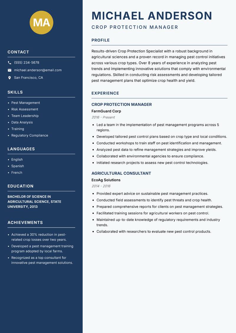 Crop Protection Specialist resume sample — Crop Protection Manager focus