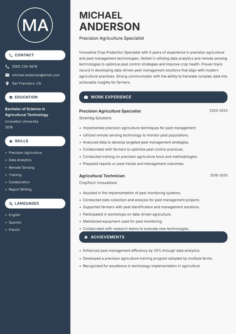 Crop Protection Specialist resume sample — Precision Agriculture Specialist focus