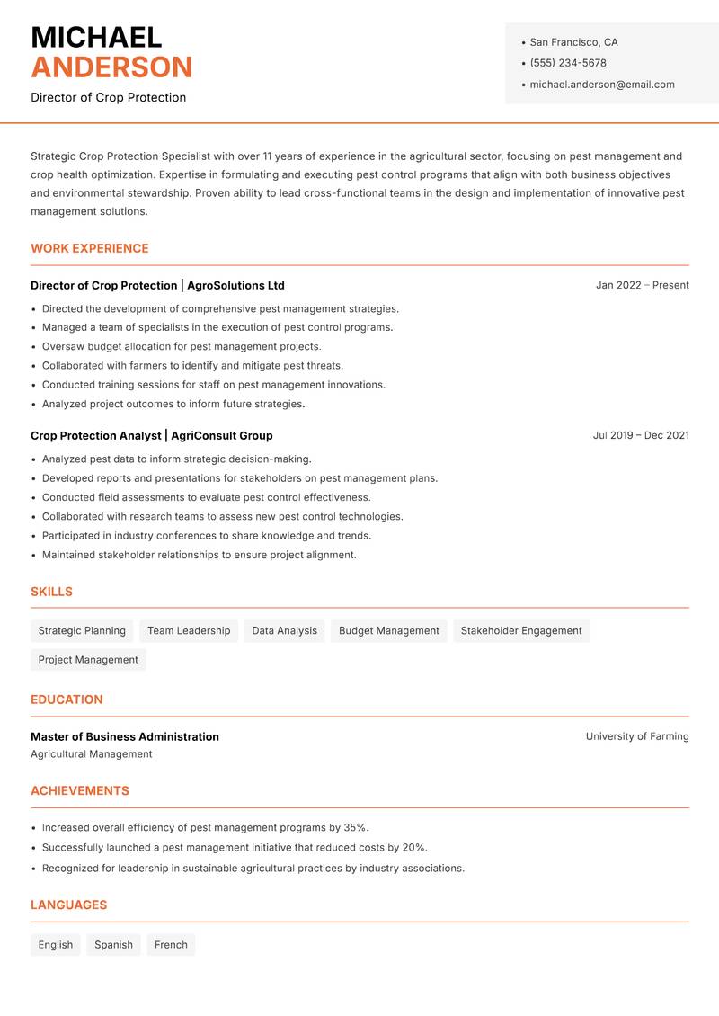 Crop Protection Specialist resume sample — Director of Crop Protection focus