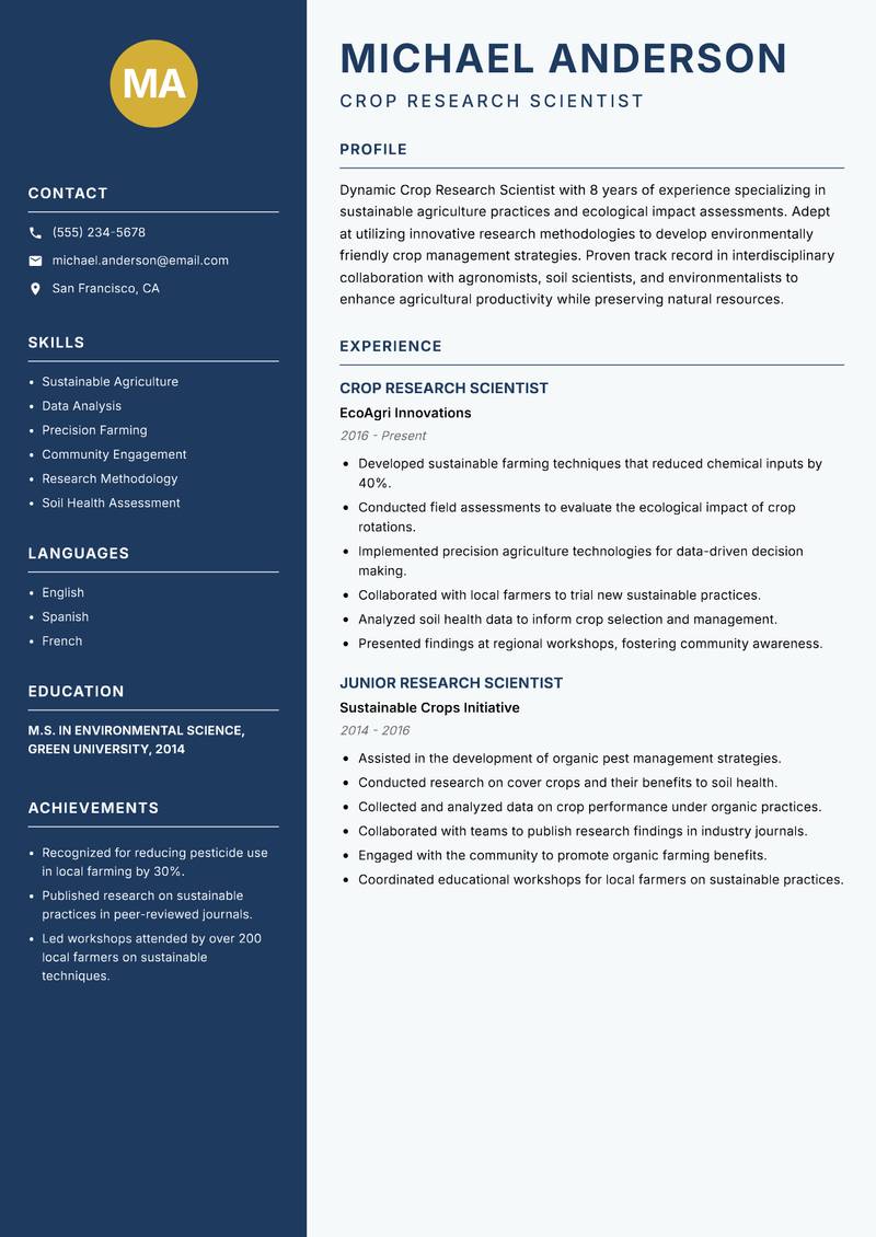 Crop Research Scientist resume sample — Crop Research Scientist focus