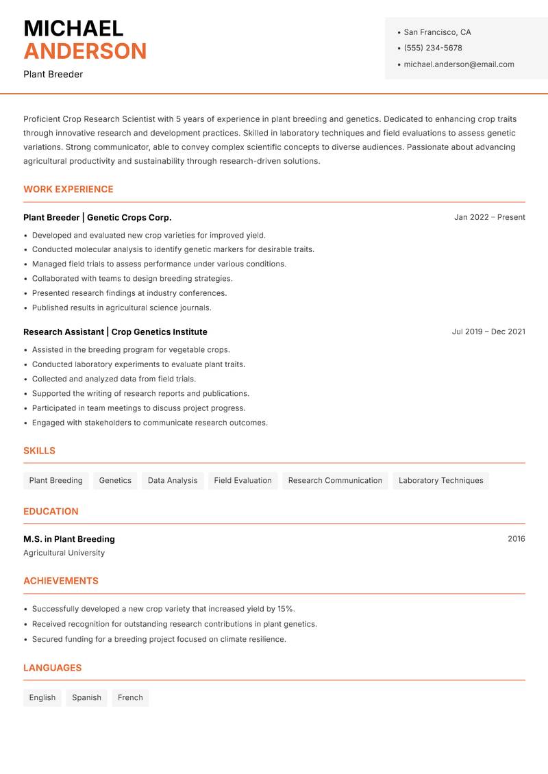 Crop Research Scientist resume sample — Plant Breeder focus