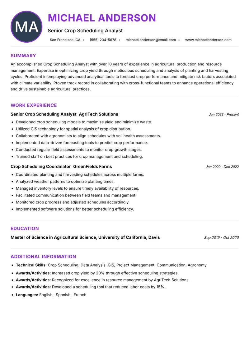 Crop Scheduling Analyst resume example