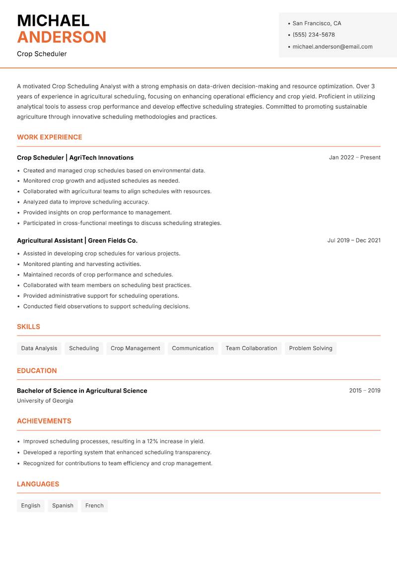Crop Scheduling Analyst resume sample — Crop Scheduler focus
