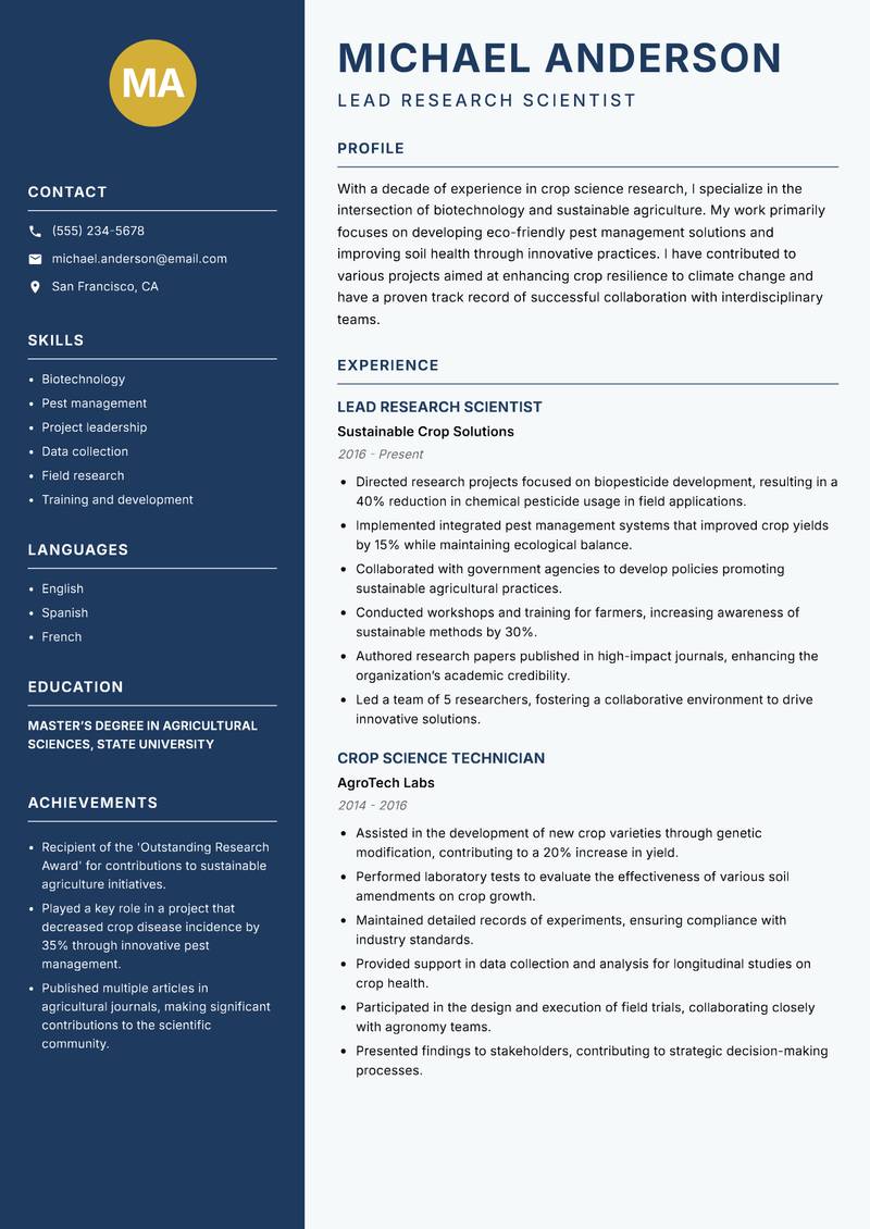 Crop Science Researcher resume sample — Lead Research Scientist focus