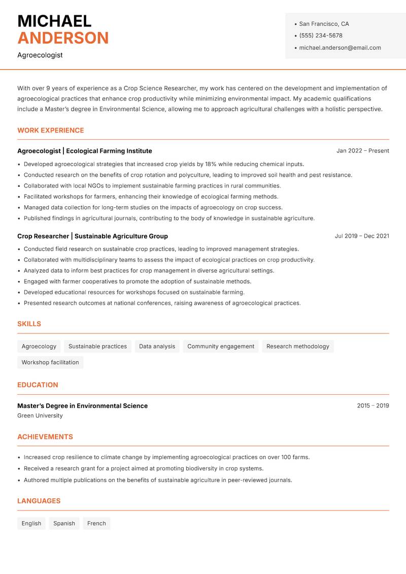 Crop Science Researcher resume sample — Agroecologist focus