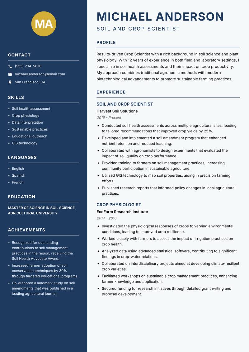 Crop Scientist resume sample — Soil and Crop Scientist focus