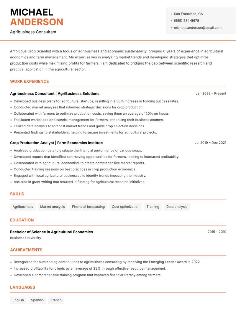 Crop Scientist resume sample — Agribusiness Consultant focus