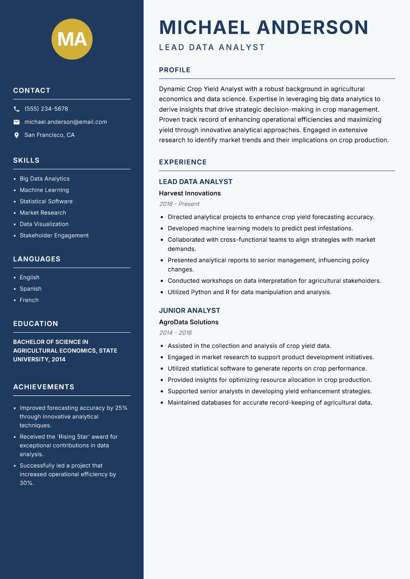 Crop Yield Analyst resume sample — Lead Data Analyst focus
