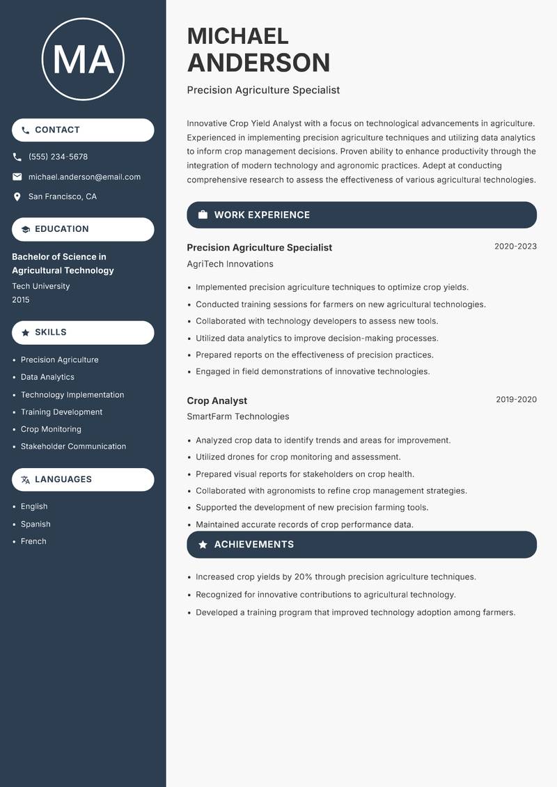 Crop Yield Analyst resume sample — Precision Agriculture Specialist focus