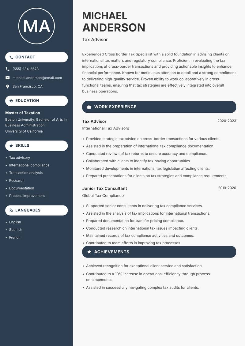 Cross Border Tax Specialist resume sample — Tax Advisor focus