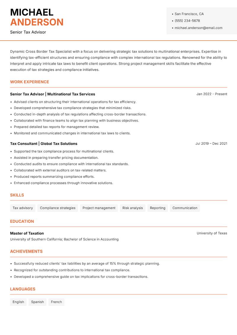 Cross Border Tax Specialist resume sample — Senior Tax Advisor focus