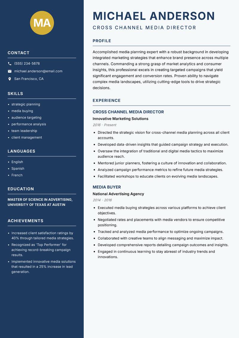 Cross Channel Media Planner resume sample — Cross Channel Media Director focus