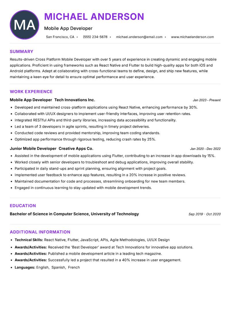 Cross Platform Mobile Developer resume example