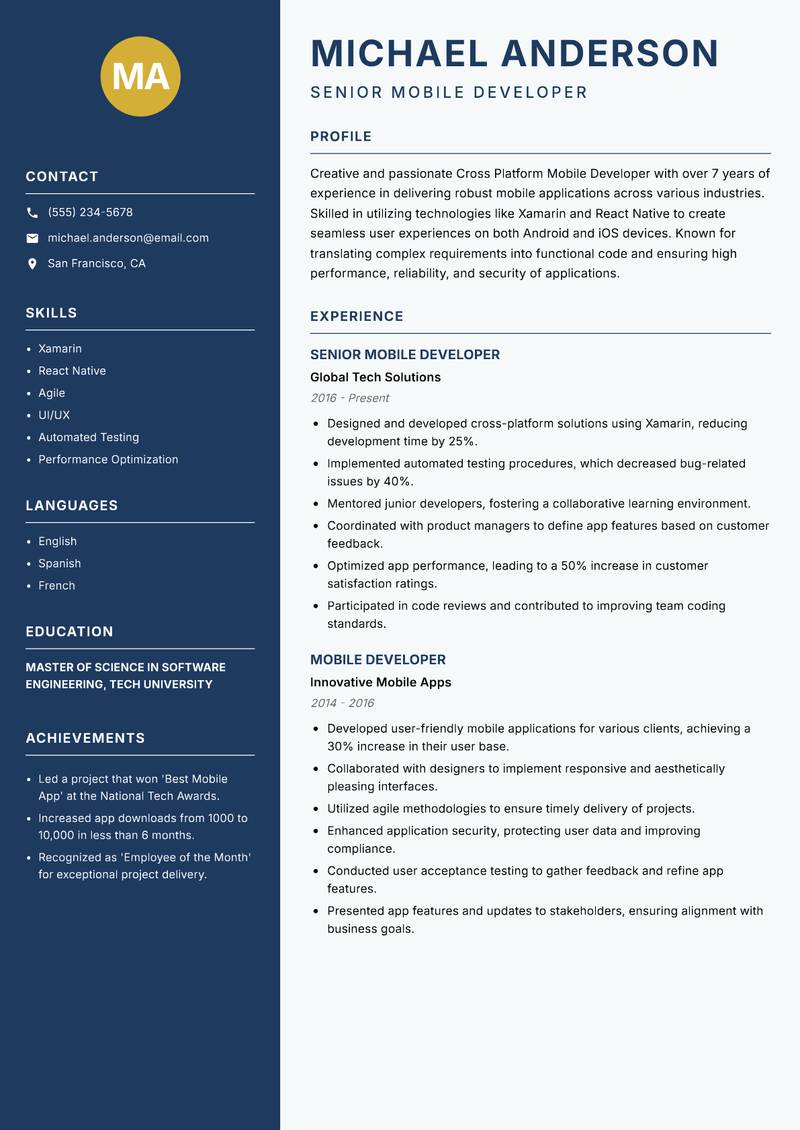 Cross Platform Mobile Developer resume sample — Senior Mobile Developer focus