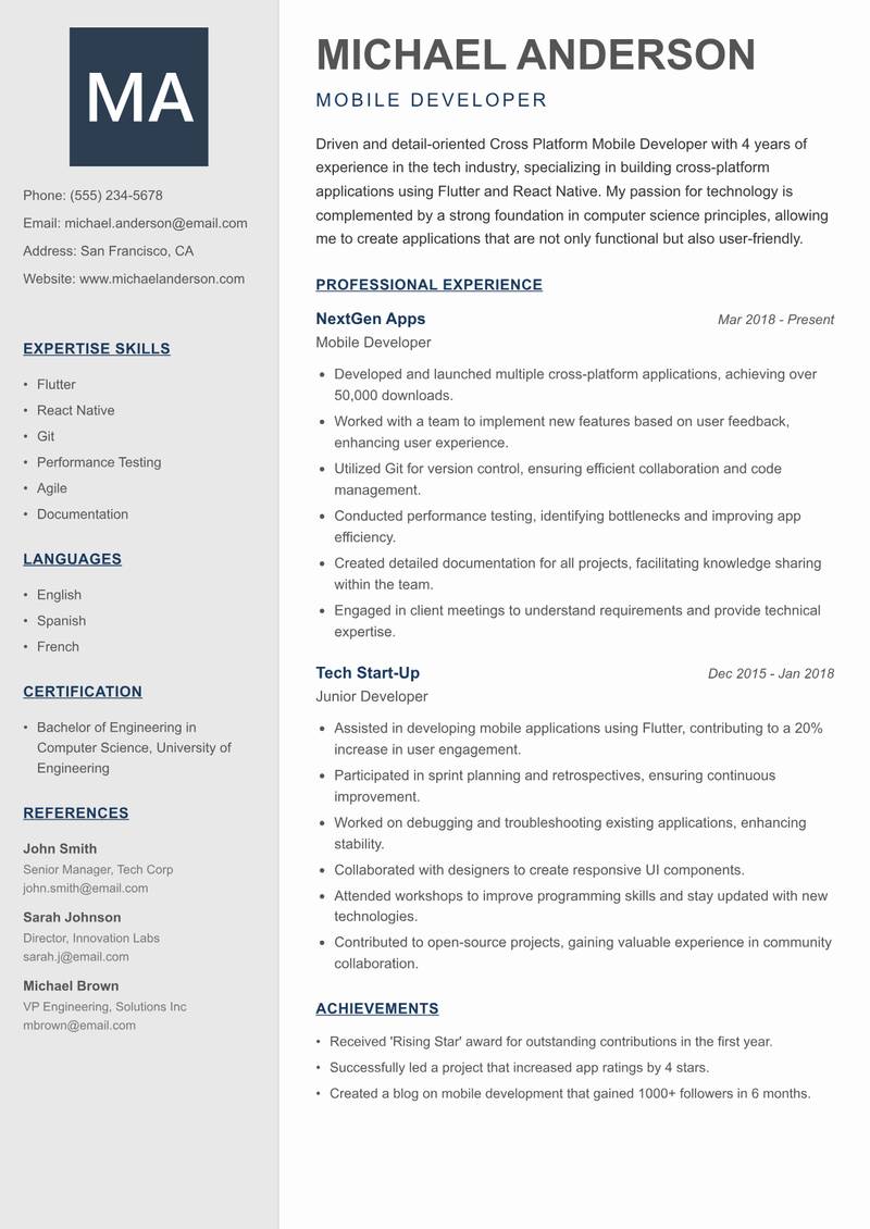 Cross Platform Mobile Developer resume sample — Mobile Developer focus