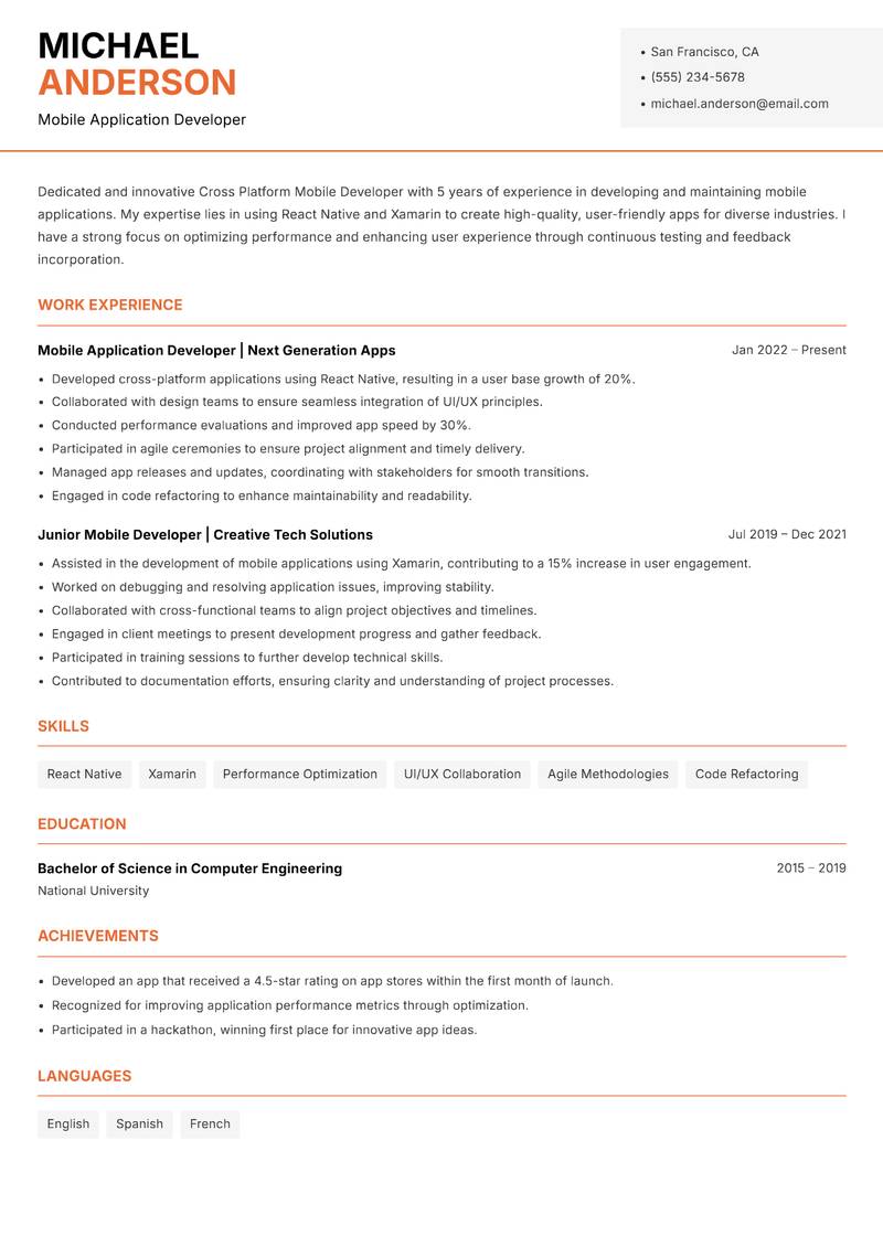 Cross Platform Mobile Developer resume sample — Mobile Application Developer focus