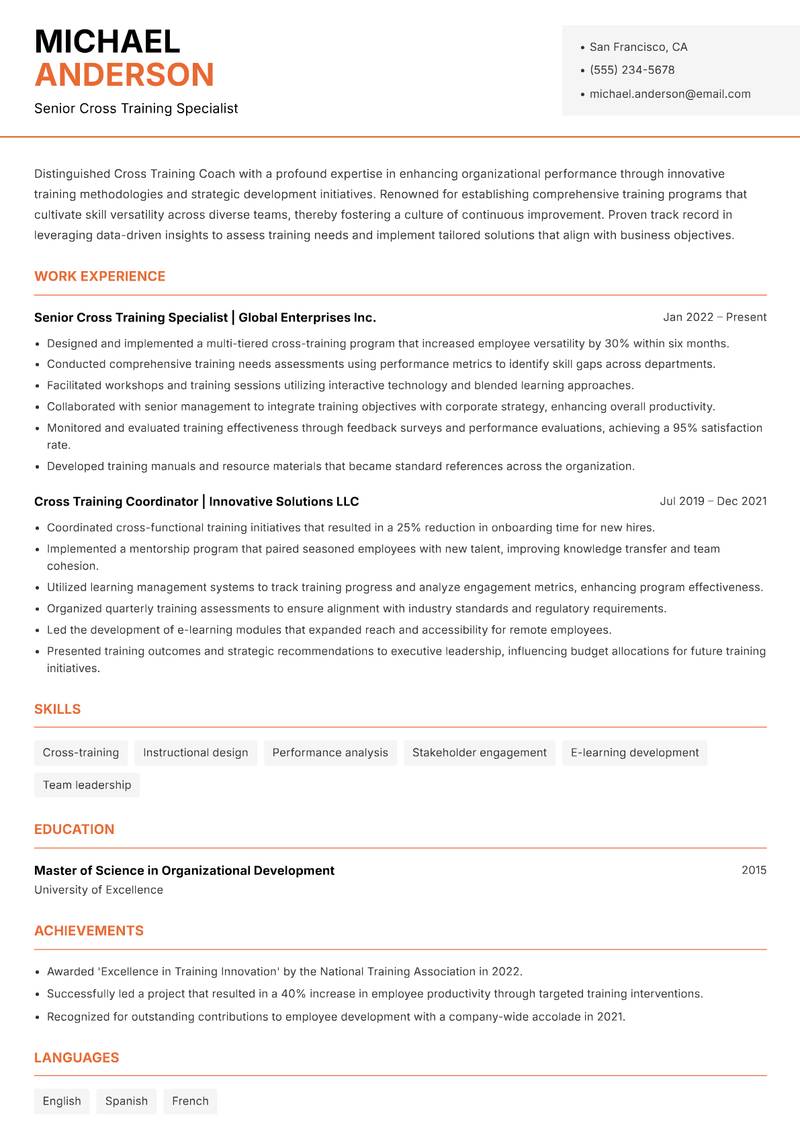 Cross Training Coach resume sample — Senior Cross Training Specialist focus