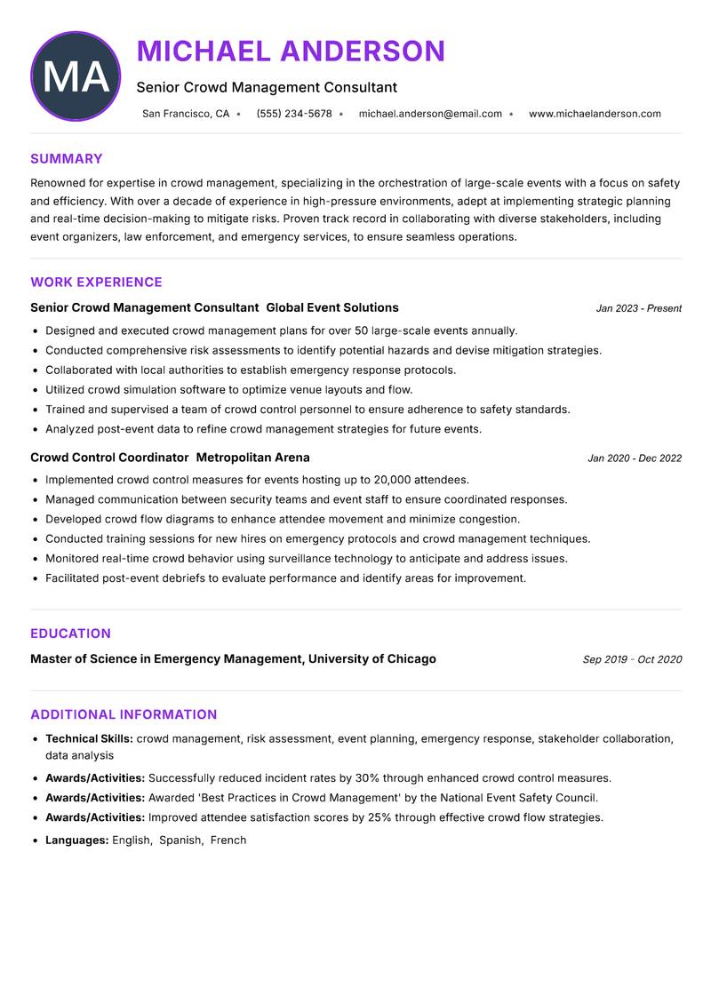 Crowd Management Specialist resume example