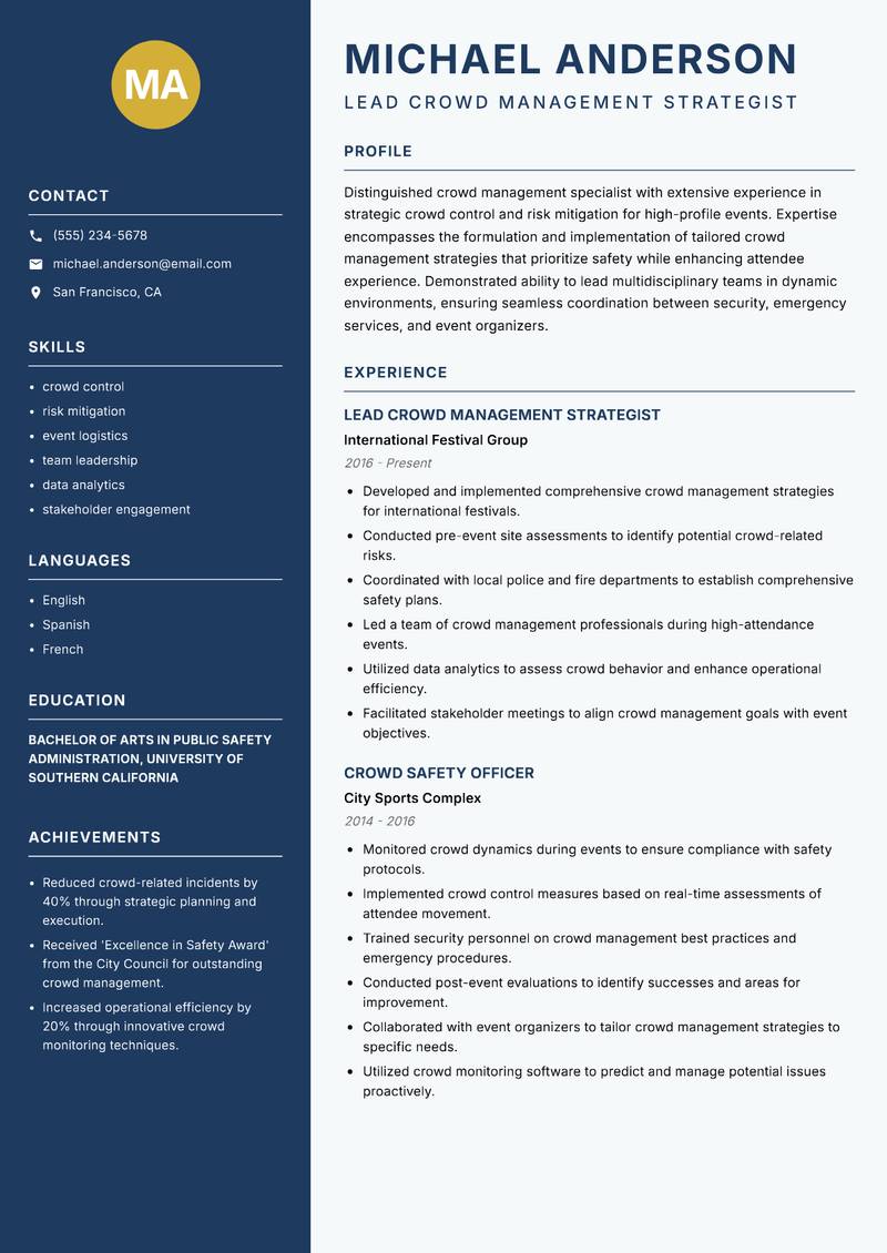 Crowd Management Specialist resume sample — Lead Crowd Management Strategist focus