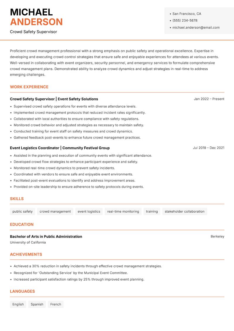 Crowd Management Specialist resume sample — Crowd Safety Supervisor focus