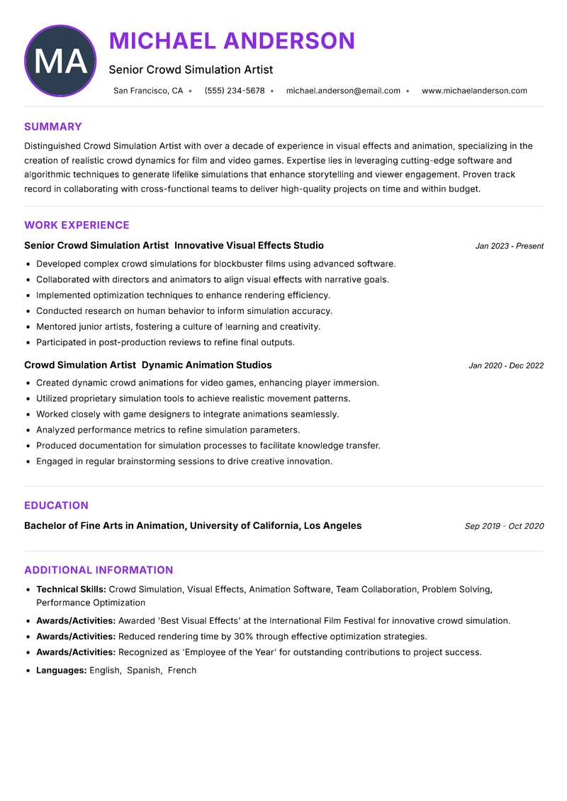 Crowd Simulation Artist resume example