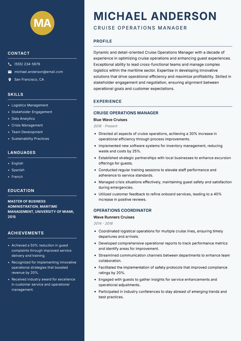 Cruise Operations Manager resume sample — Cruise Operations Manager focus