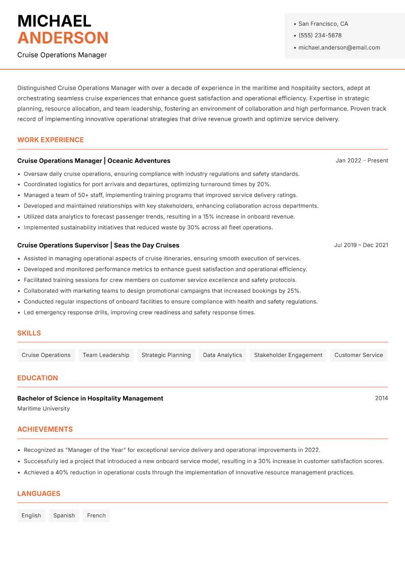 Cruise Operations Manager resume sample — Cruise Operations Manager focus