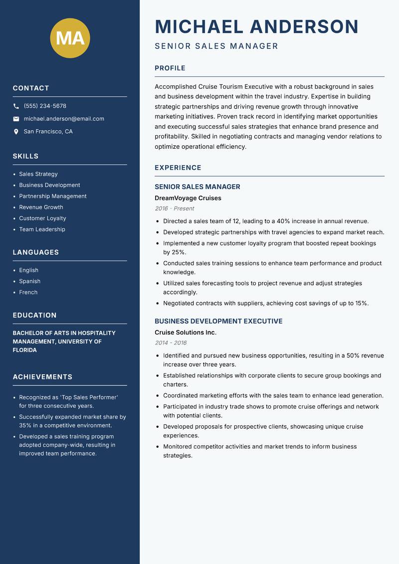 Cruise Tourism Executive resume sample — Senior Sales Manager focus