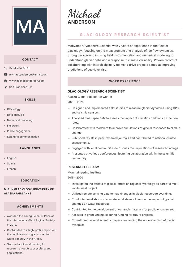 Cryosphere Scientist resume sample — Glaciology Research Scientist focus