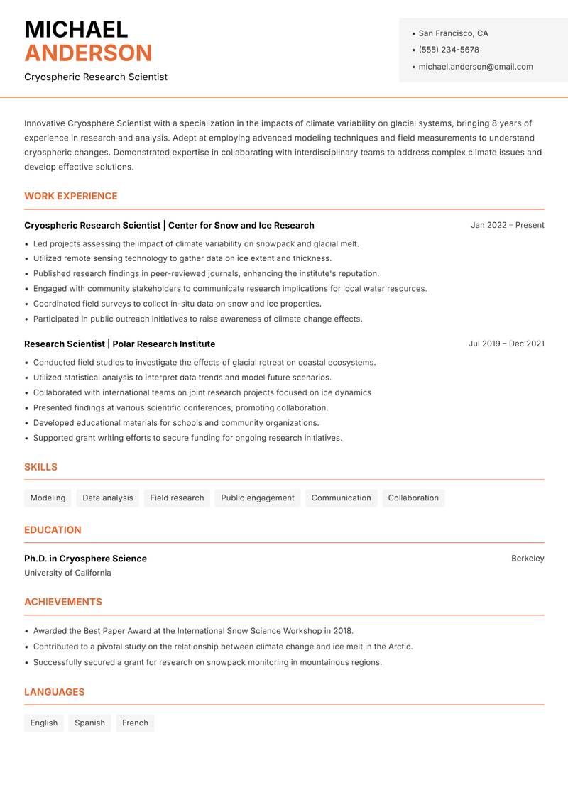 Cryosphere Scientist resume sample — Cryospheric Research Scientist focus