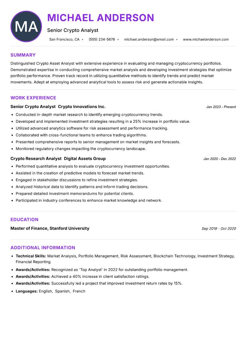 Crypto Asset Analyst resume example