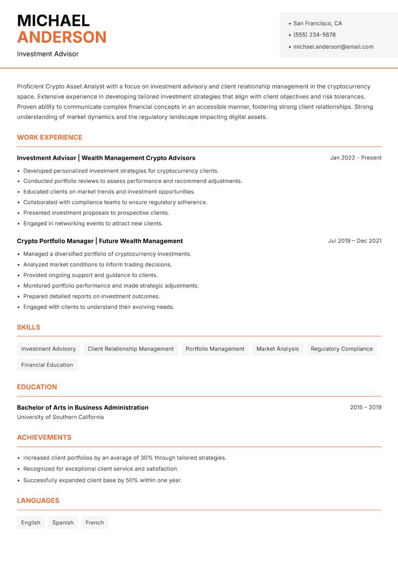 Crypto Asset Analyst resume sample — Investment Advisor focus