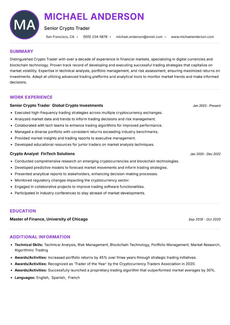 Crypto Trader resume example