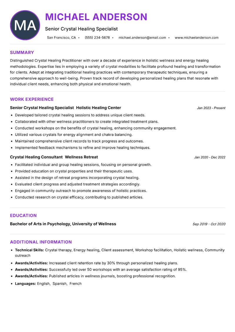Crystal Healing Practitioner resume example