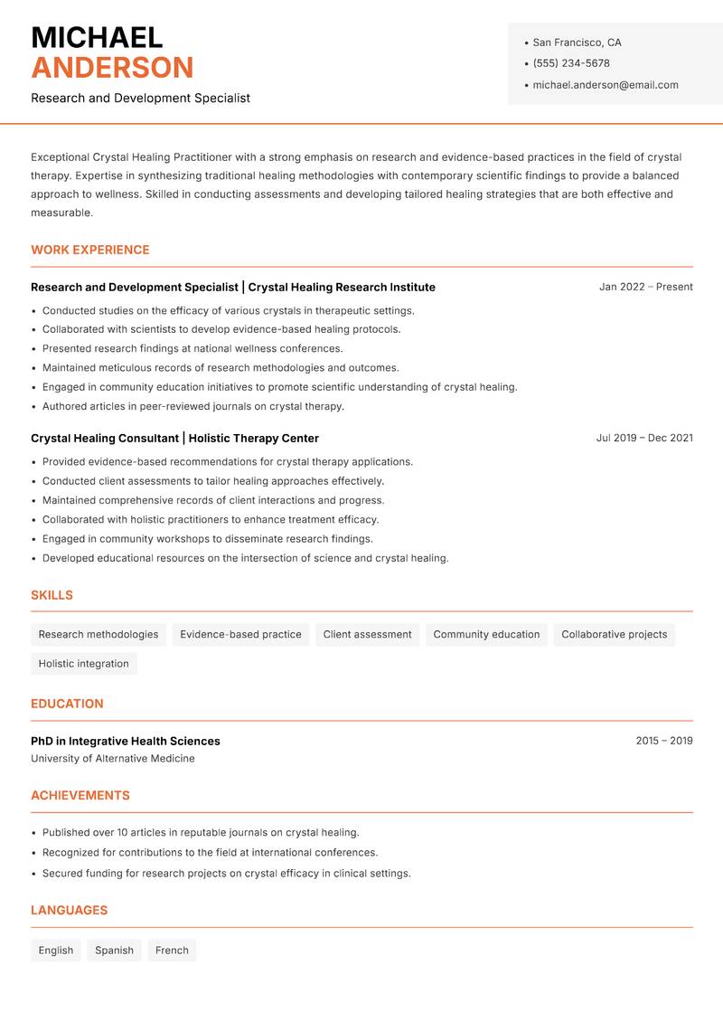 Crystal Healing Practitioner resume sample — Research and Development Specialist focus