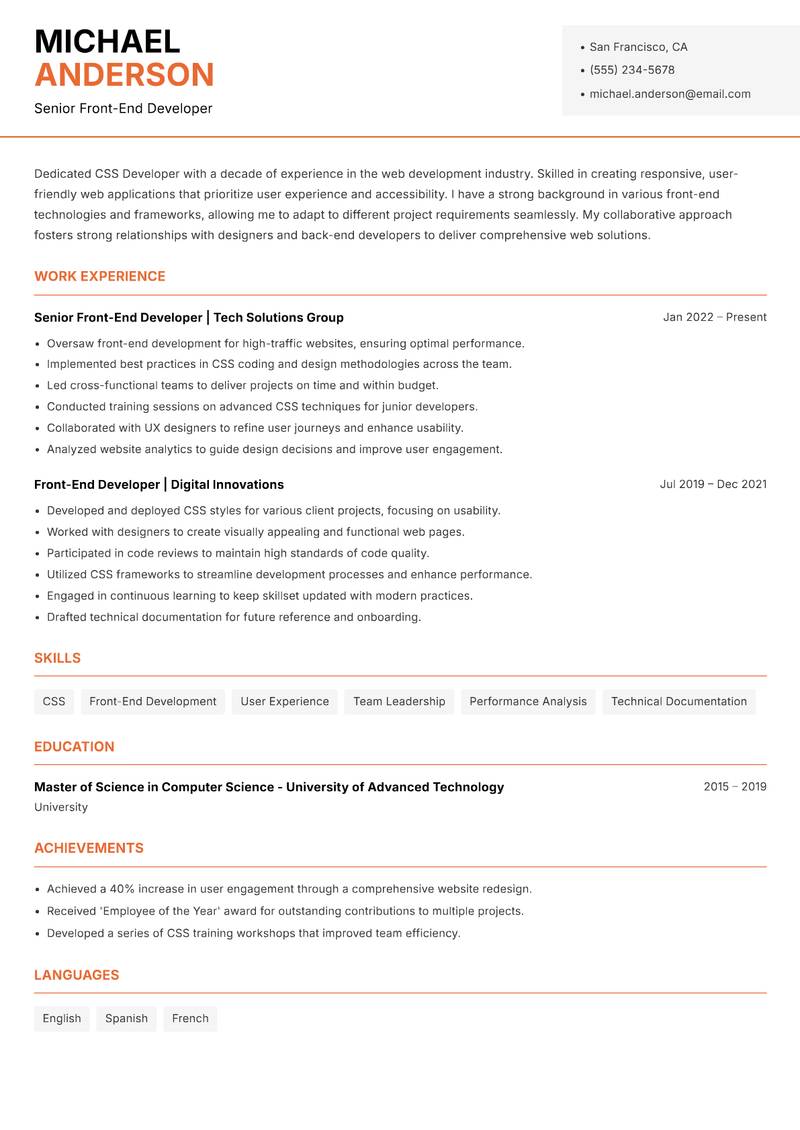CSS Developer resume sample — Senior Front-End Developer focus