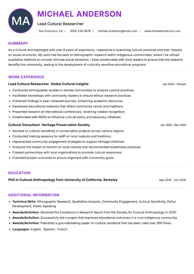 Cultural Anthropologist resume example
